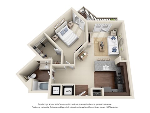 Floor plan for 1 bed, 1 bath, 733 sqft